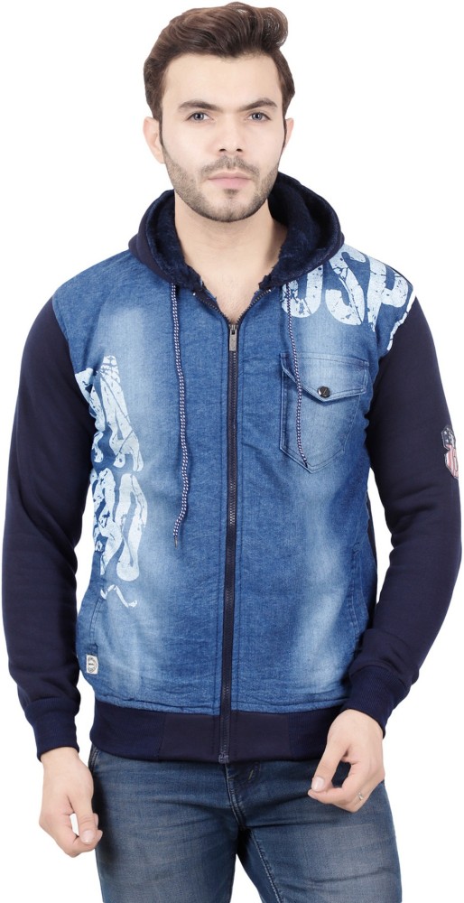 Cotton Full Sleeve grey and blue hoodie denim jacket For Men