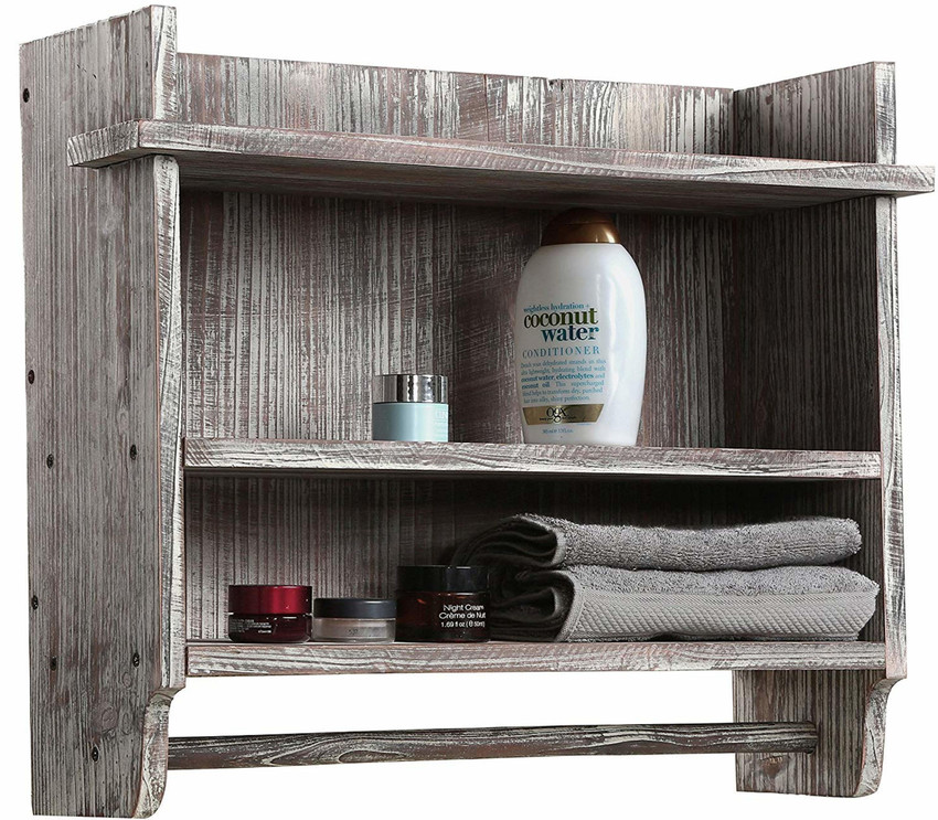 White wood bathroom shelf shop with towel bar