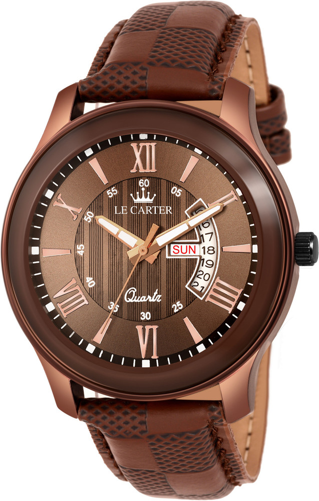 LE CARTER Strap Watches Day Date Brown Leather Strap Stylish