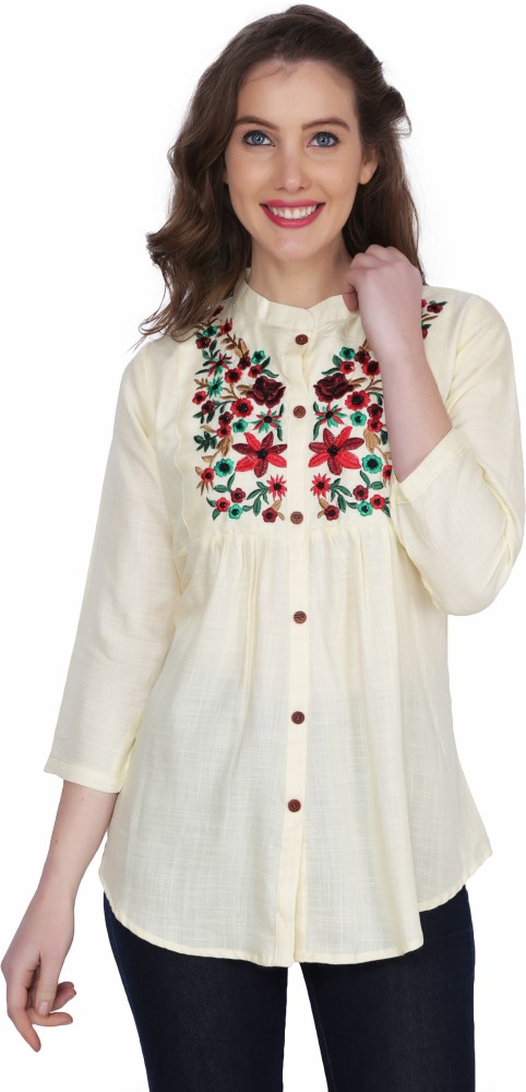 shopping bajar Casual 3/4 Sleeve Embroidered Women Beige Top - Buy