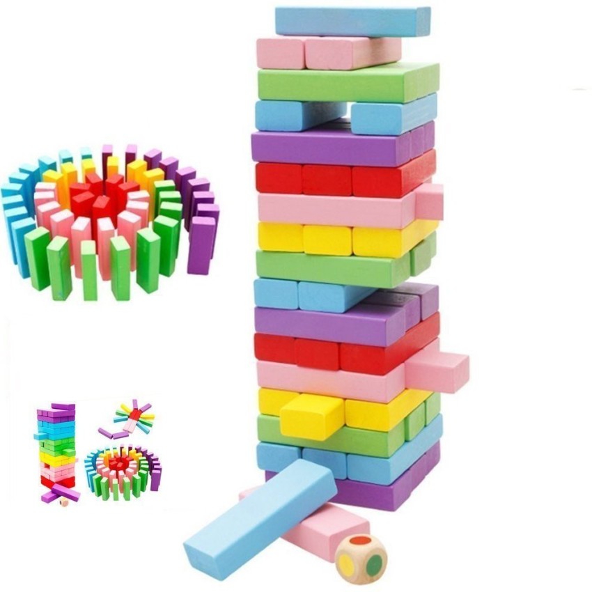 Colored Wooden Building Block Dominoes, Tumbling Tower Game with 2 Dice (48  Pieces)