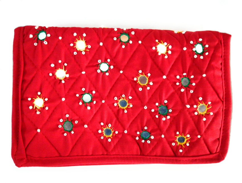 JS Cotton Handmade Mirror Work Hand Purse Pouch Red Green Price