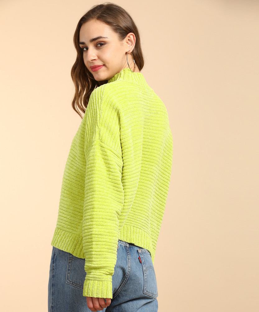 FOREVER 21 Self Design High Neck Casual Women Light Green Sweater