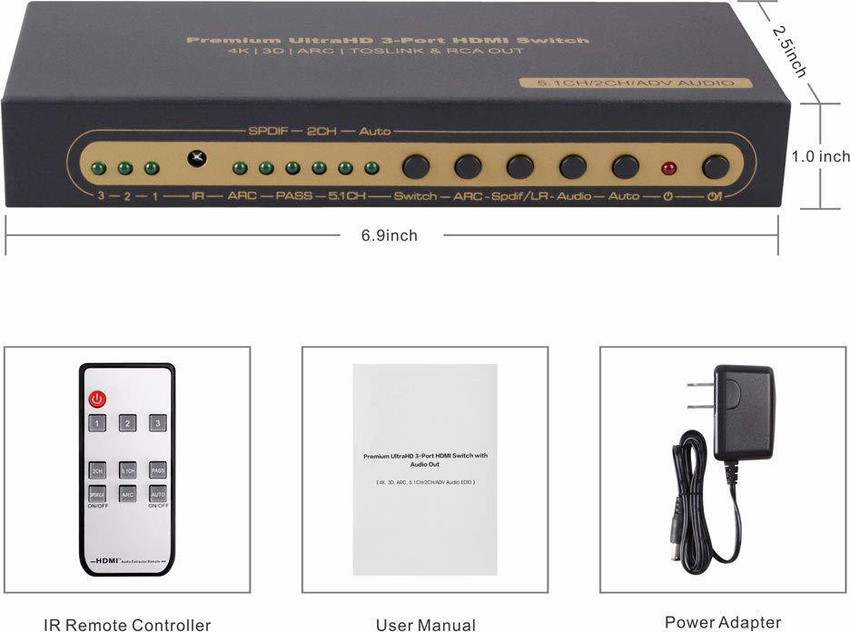 microware 3 Port HDMI Switch with Optical Toslink SPDIF RCA L R
