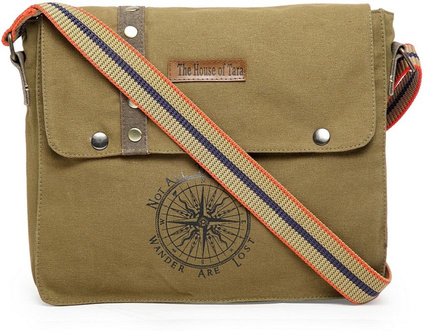 The House of Tara Khaki Messenger Bag Cotton Canvas Messenger Bag Khaki Price in India Flipkart