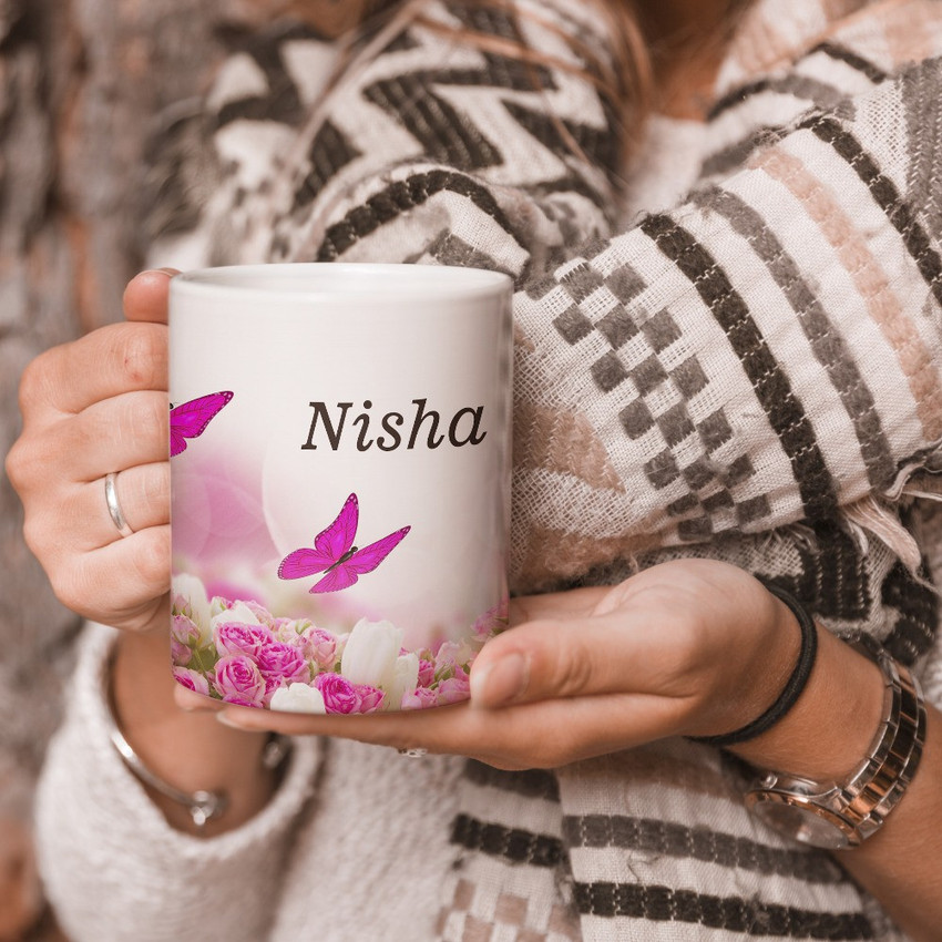 ANDV Nisha Name Printed On Beautiful Butterflies And Rose Theme M 0BAB19BCCI Ceramic Coffee Mug Price in India Buy ANDV Nisha Name Printed On Beautiful Butterflies And Rose Theme M 0BAB19BCCI Ceramic ...