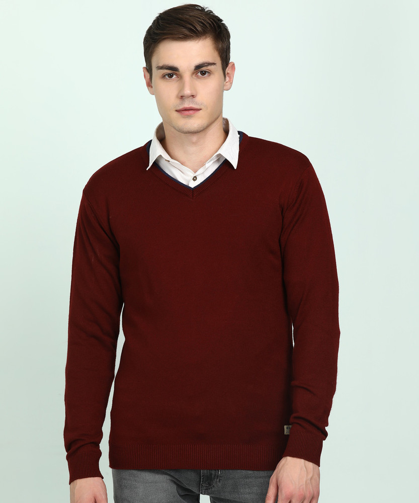Peter England University Solid V Neck Casual Men Maroon Sweater