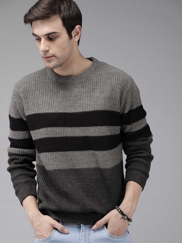 Roadster Striped Round Neck Casual Men Grey Sweater - Buy Roadster Striped  Round Neck Casual Men Grey Sweater Online at Best Prices in India |  Flipkart.com