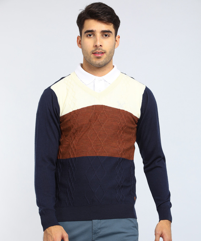 Raymond Self Design V Neck Casual Men Multicolor Sweater Buy