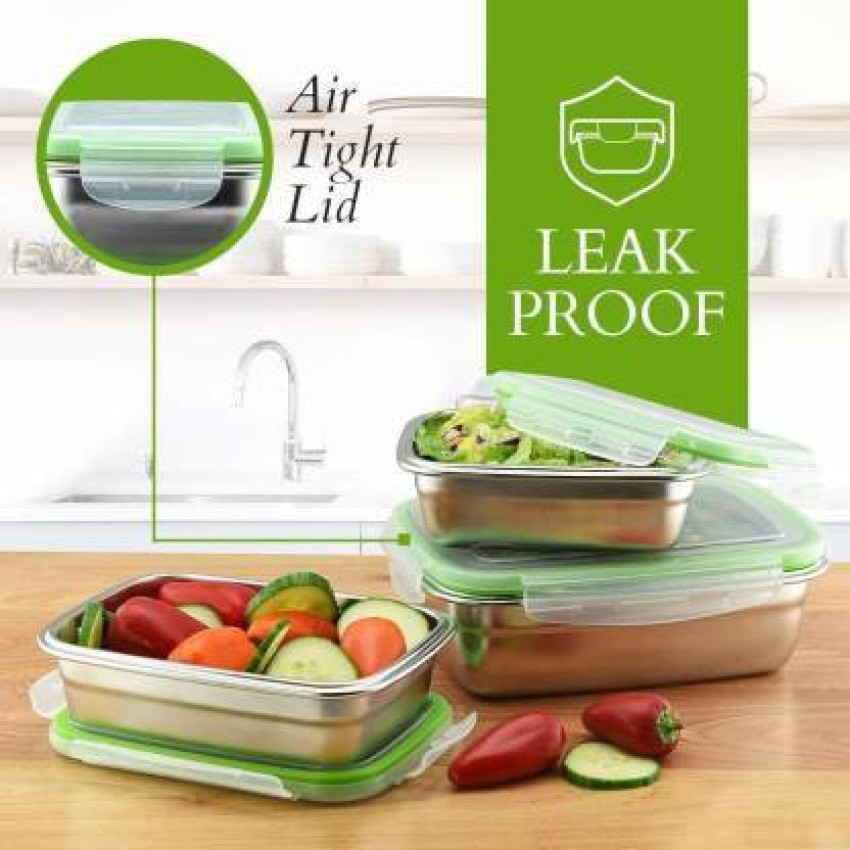 Femora High Steel Rectangle Container with Lock Lid for  Kitchen Lunch Box 1800 ml, Set of 3 Containers Lunch Box 