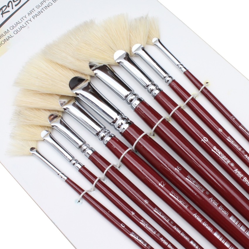 WORISON Long Handle White Bristles Fan Paint Brushes,  Profession Artist Oil Acrylic Painting Brush Set 