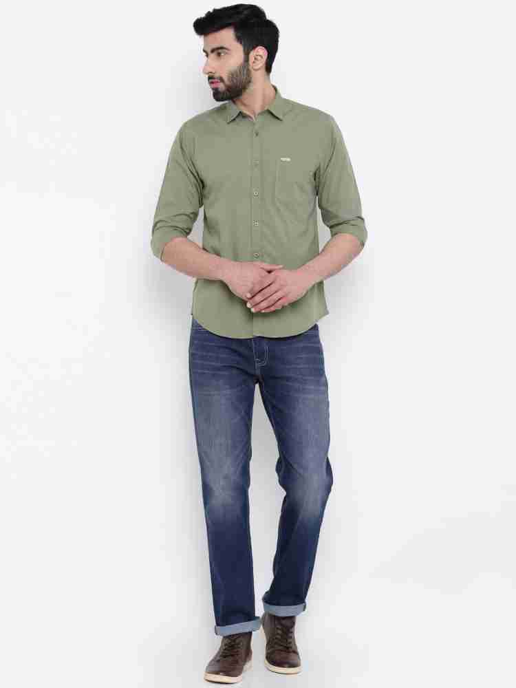 Olive green shirt light cheap blue jeans