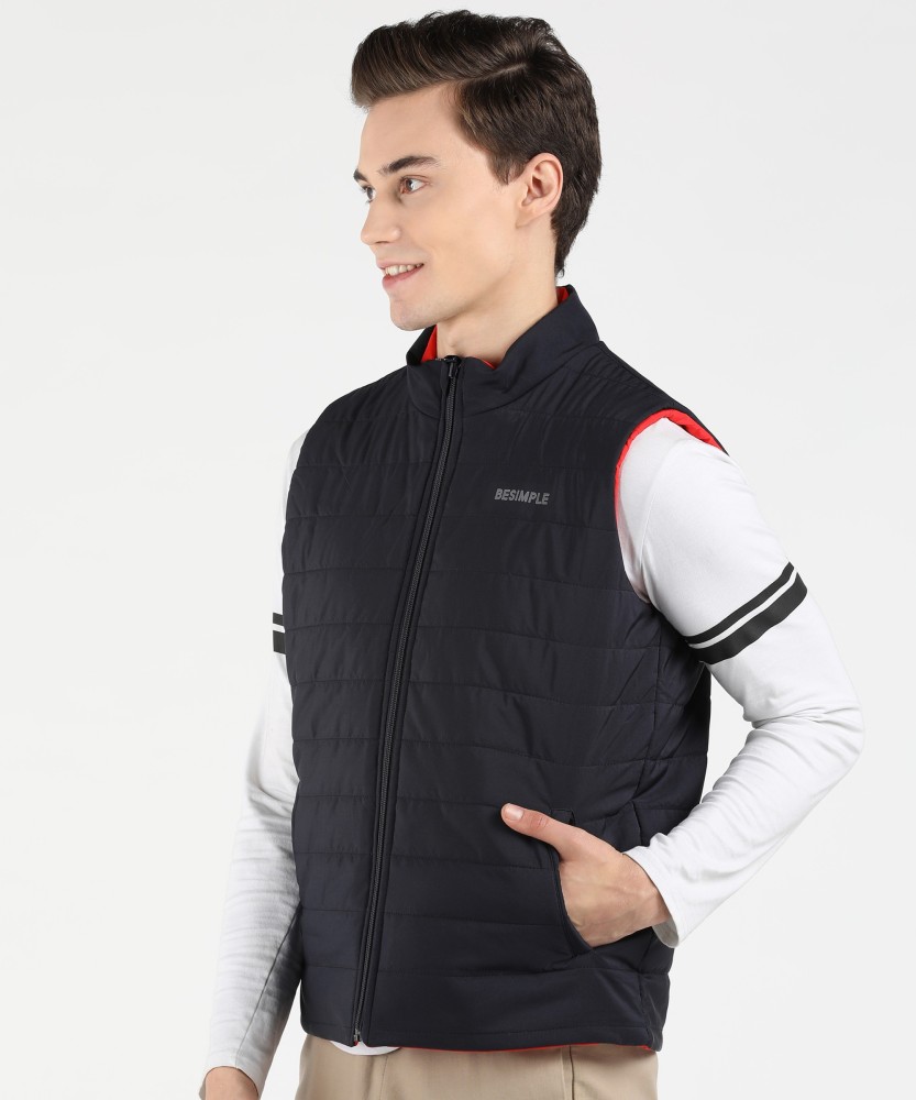 Men's Jacket in Stretch Fabric. Sleeveless Zippered with Pockets. Raised  Collar.