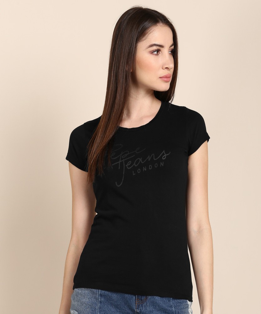 Pepe Black Black Jeans Round Printed Jeans Neck - Women T-Shirt Prices Best Round in T-Shirt Women Online Buy Neck India at Pepe Printed
