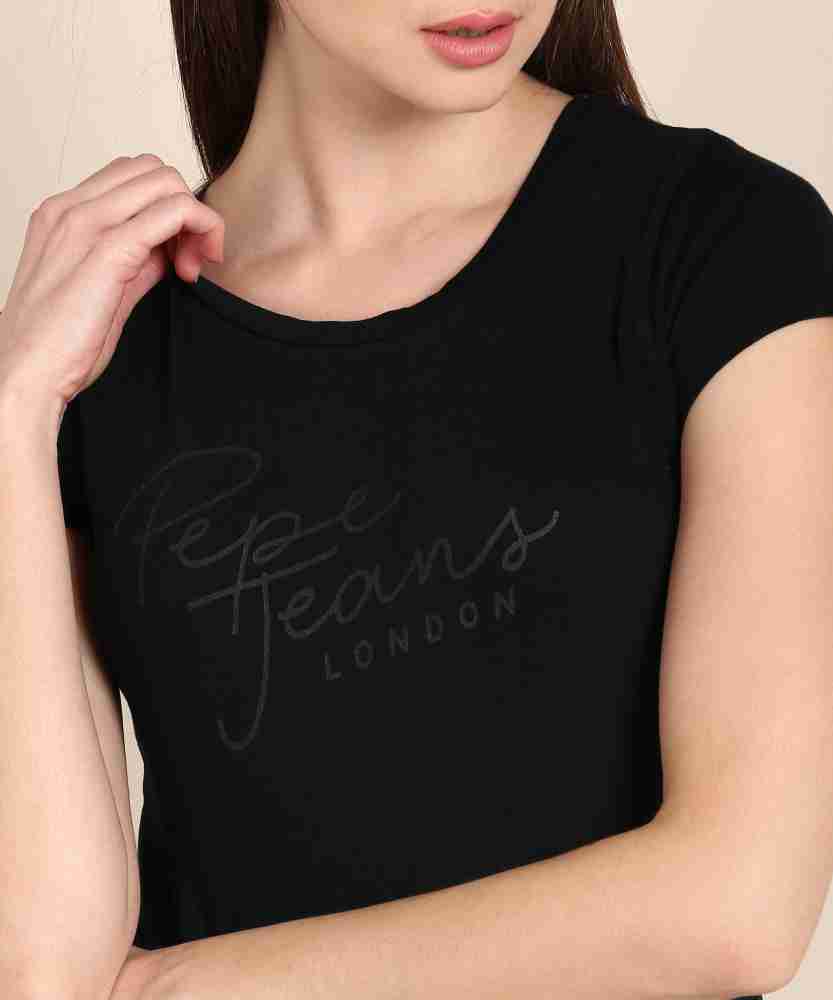 Pepe Jeans Online Best T-Shirt Jeans in Black - Neck Printed Round Pepe T-Shirt Buy Women Printed Round Prices Women at India Black Neck