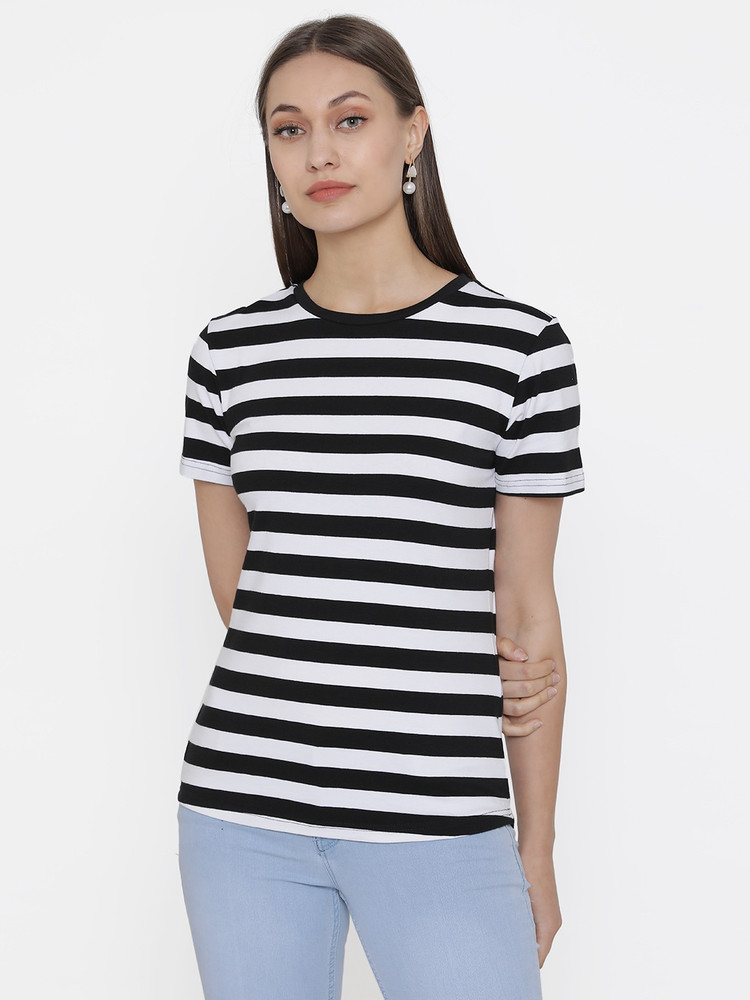 DOOR74 Striped Women Round Neck White Black T Shirt Buy DOOR74 Striped Women Round Neck White Black T Shirt Online at Best Prices in India Flipkart