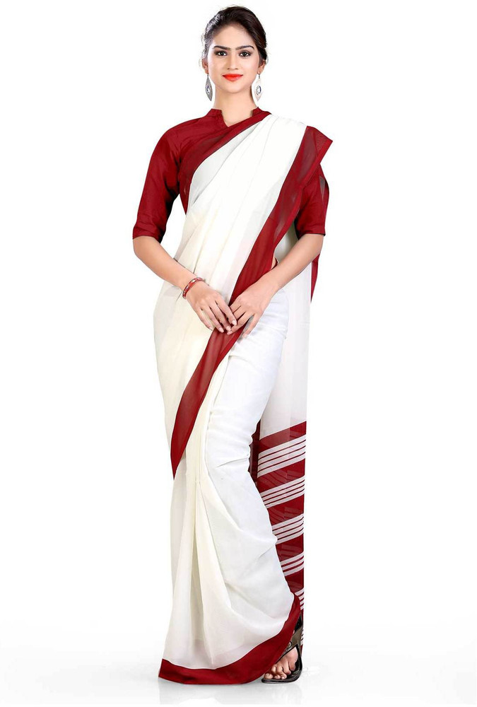 Buy Uniform Sarees Corp Solid Daily Wear Georgette White Sarees