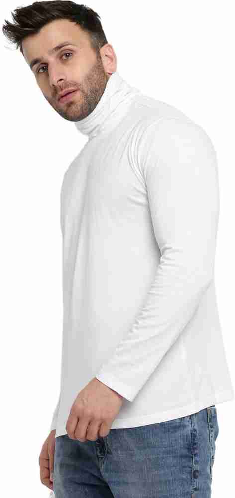 LIME Solid Men High Neck White T-Shirt - Buy LIME Solid Men High