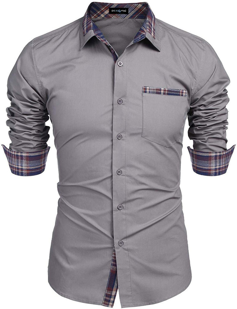 DEELMO Men Solid Casual Grey Shirt