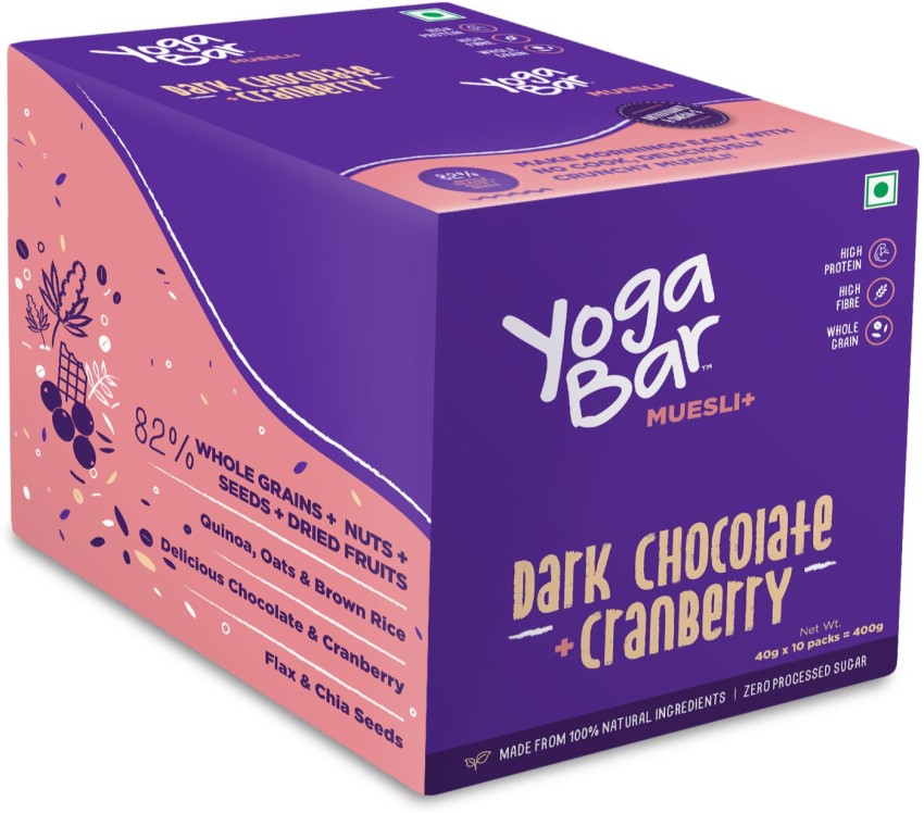 Yogabar Muesli, Dark Chocolate & Cranberry, 40g x 10 Pouches, Breakfast  Cereal Muesli with 82% Wholegrains, Nuts, Seeds & Dried Fruits, Low Sugar, Free from Preservatives Muesli