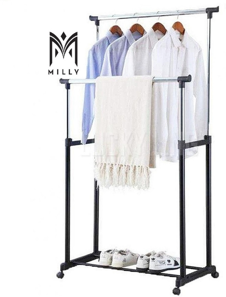 Milly Steel Floor Cloth Dryer Stand Double Pole Clothes Hanger Adjustable and Portable Clothes Hanger Laundry Rack Hanger Dress Drying Stand Shoe Rack Aluminium Floor Cloth Dryer Stand Plastic Alumini...