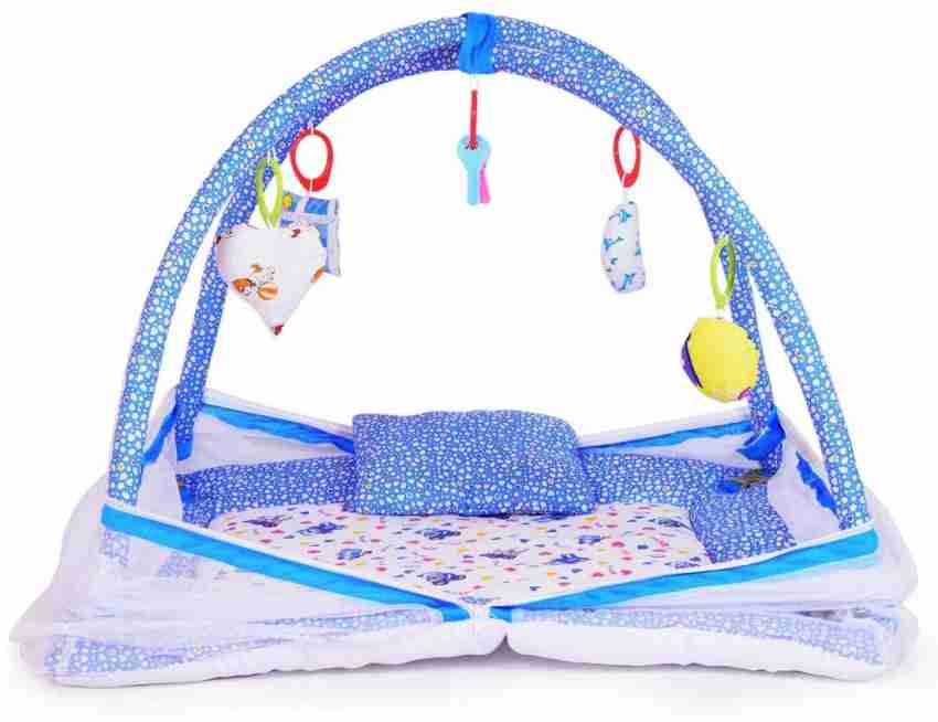 SS Kids New Born Baby Bedding Set Play Gym with Mosquito Net Cum Sleeping  Bed with Hanging Toys & Neck Pillow for Baby Boy's & Girl's (0-12 Months  Blue Dots) - New