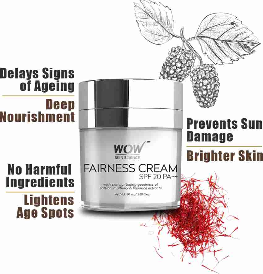 WOW SKIN SCIENCE Fairness Cream SPF 20 PA infused with Saffron Mulberry liquorice Extract Alpha Arbutin No Paraben Mineral Oils