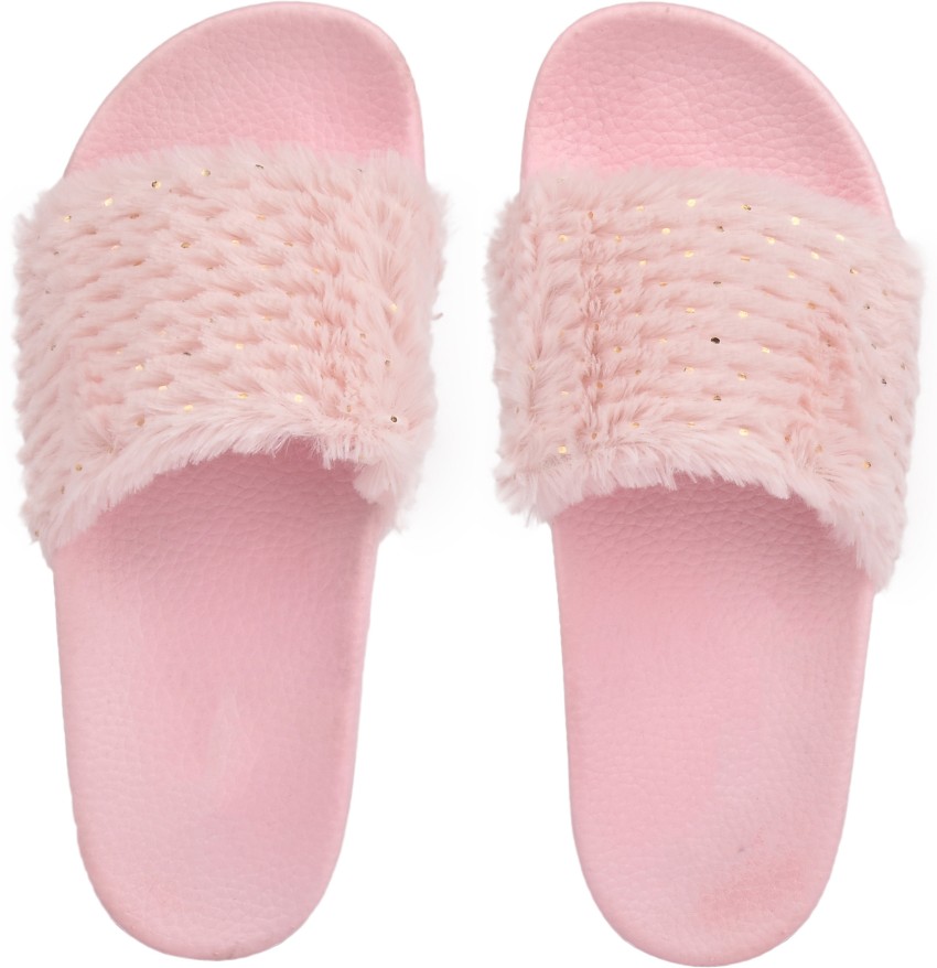 Kids pink fluffy discount sliders