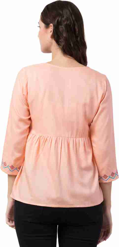 FashionNYou Casual 3/4 Sleeve Solid Women Pink Top - Buy