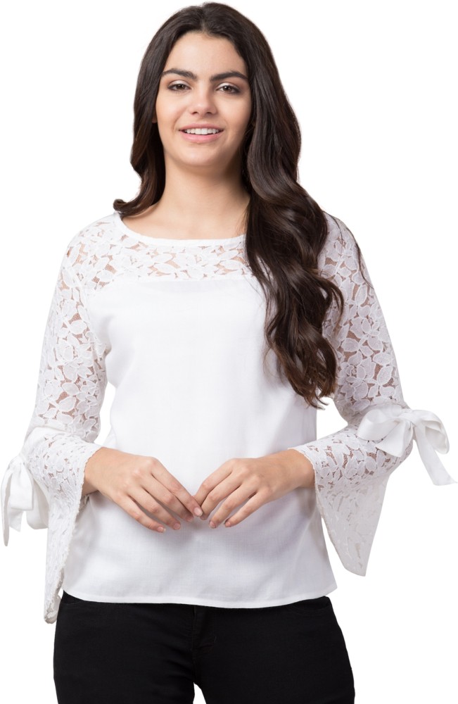 Casual Flared Sleeves Self Design Women White Top - BITTERLIME