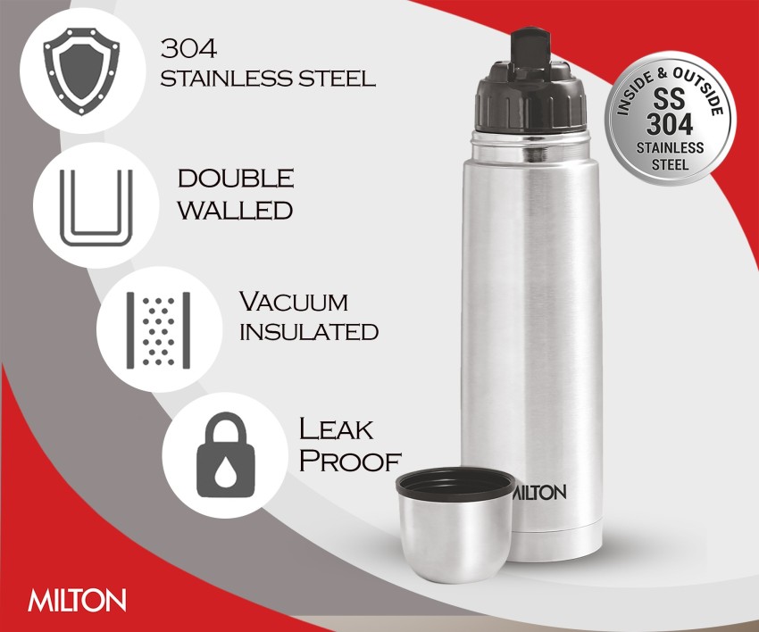 Milton Thermosteel Flip Lid Flask 350, Double Walled Vacuum Insulated Thermos 350 ml | 12 oz | 24 Hours Hot and Cold Water Bottle with Cover, 18/8