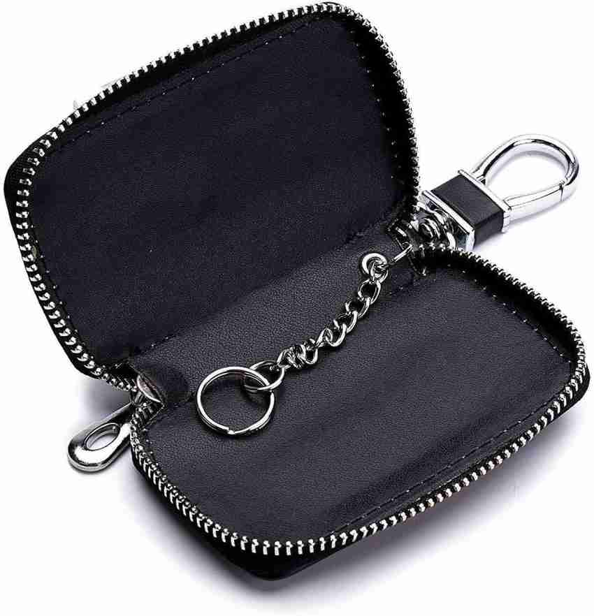 DALUCI Black Premium Leather Car Key Chain Coin Holder Zipper Case