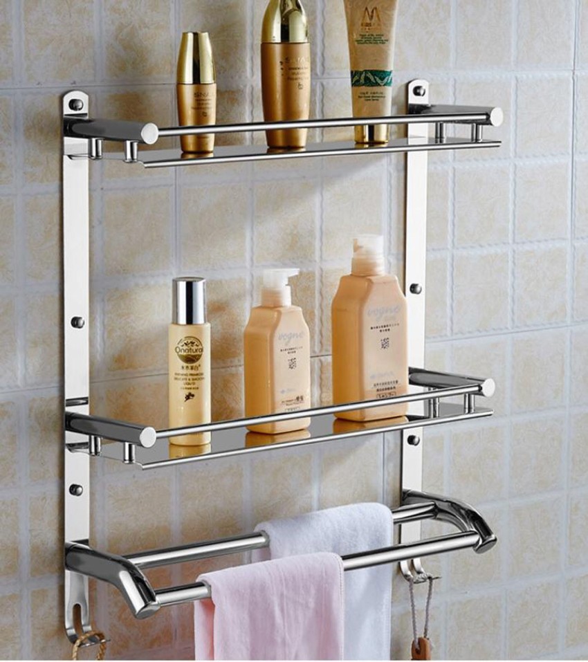 GRIVAN 3 Layer Multipurpose Bathroom Shelf with Double Soap Dish and  Tumbler Silver Towel Holder