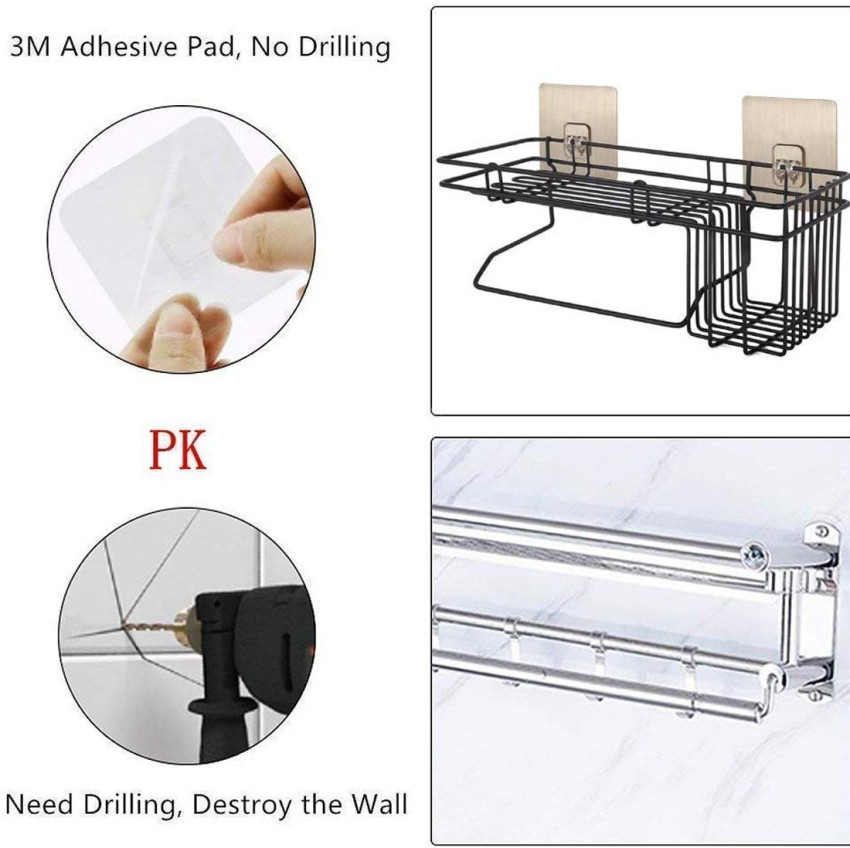Self Adhesive Wall Hanging Shelves for Bathroom and Kitchen with Towel and  Tissue Rack Stand