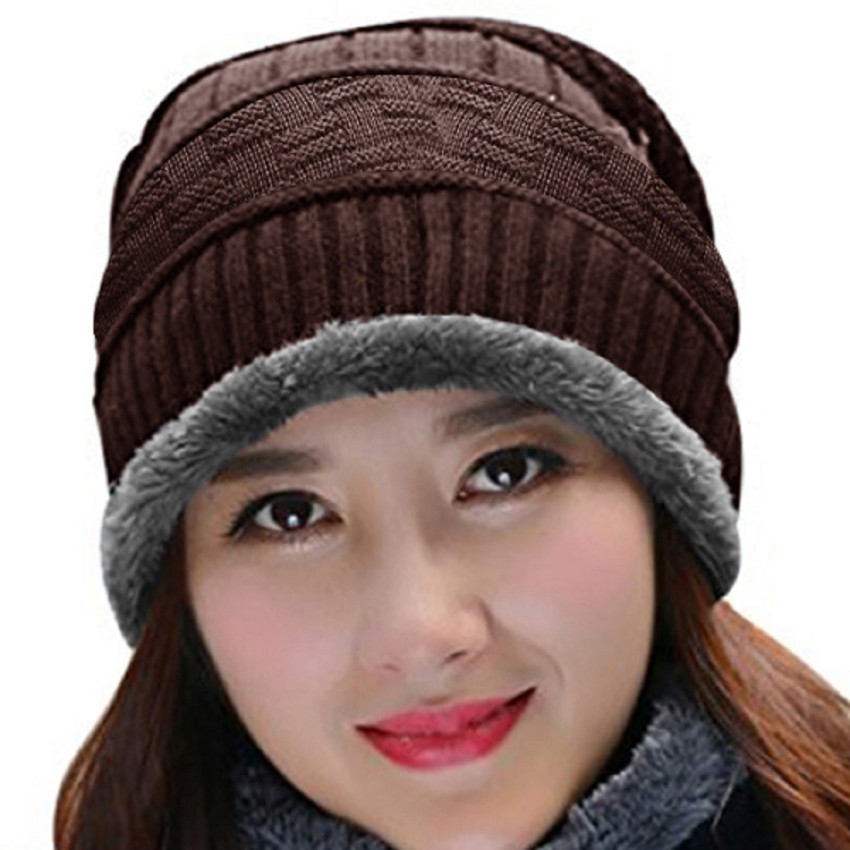 Adbucks Snow Proof Inside Fur Wool Unisex Beanie Cap With Neck