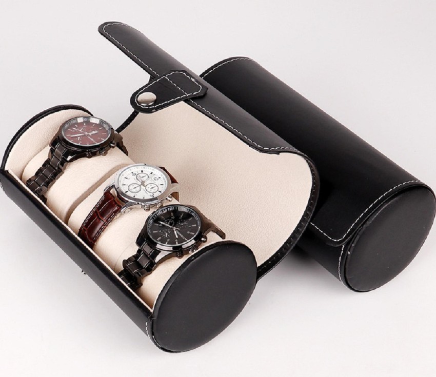 Leather Cylinder Watch Case Storage Box 3 Grids Watch Roll Holder  Wristwatch Jewelry Gift Storage Display Case 