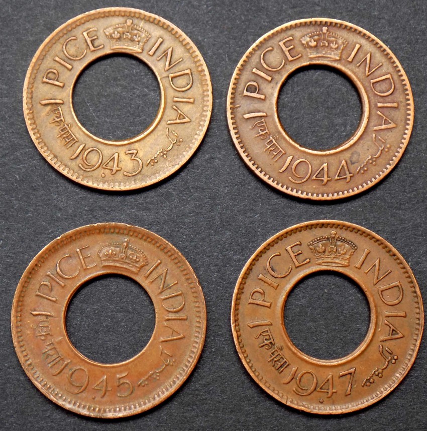 Hariom 1943-44-45-47 : 4 HOLL COPPER COINS SET RARE - INDIA
