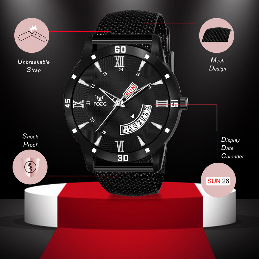 FOGG 2121 BK Round Day Date with Black Rubber Strap Analog Watch