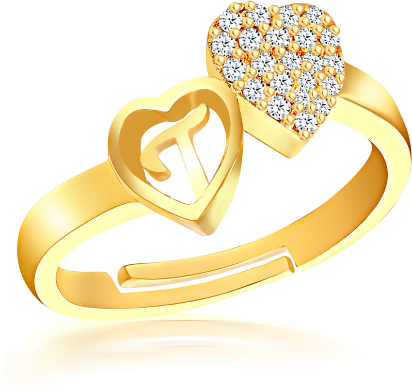 Divastri Jewellery Stylish Heart Golden Name Alphabet Letter Initial T Rings for girls women girlfriend Men Boys Couple American diamond Adjustable