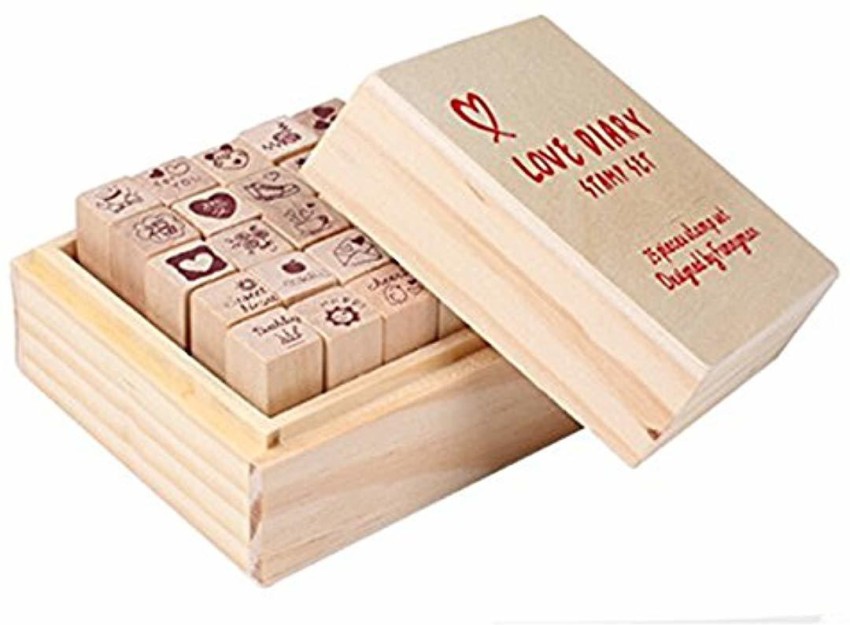 12 Pcs Mini Cute Wooden Rubber Stamps DIY Diary Stamps Set with Wooden Box