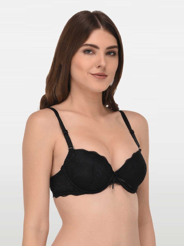 Buy Quttos Black Embroidered Lace Push-Up Bra For Women (QT-BR-222