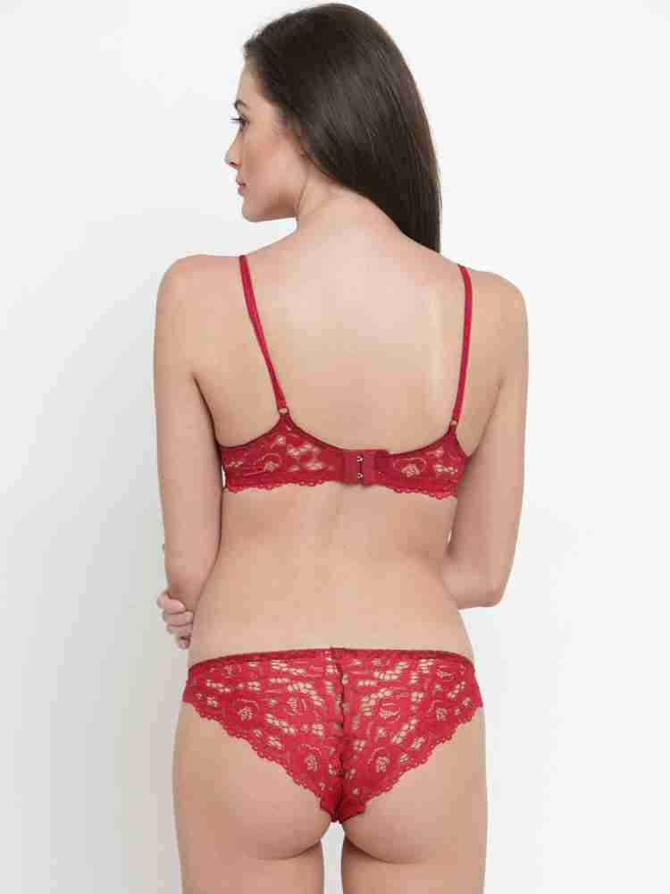 Buy Prettycat Red Lace Bra And Panty Set Self Design Lingerie Set
