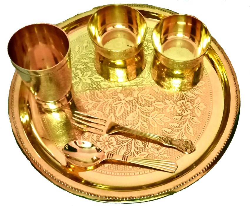 Pure Brass Thali Set | Dinner Set | 6 Pieces (Embossed Flower Eatching  Design.