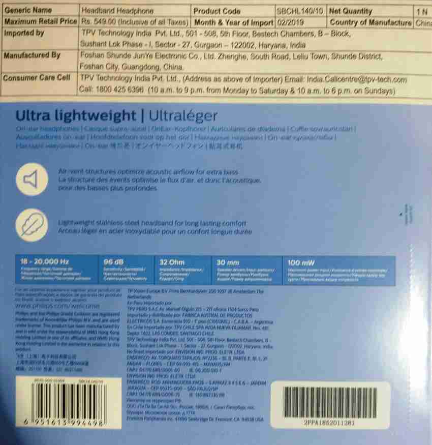 PHILIPS SBCHL140 10 Wired without Mic Headset Price in India Buy