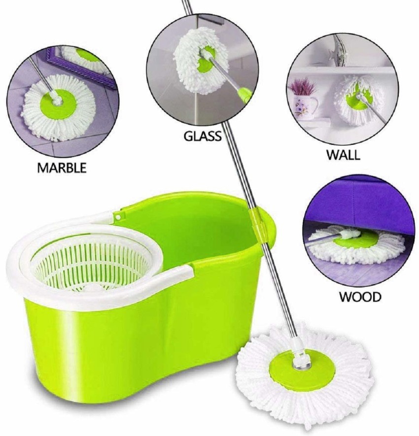 Spin Bucket Mop with Steel Spinner, Wheels, Drag Handle, Drain Plug &  Dispenser