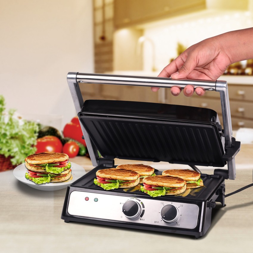 Ibell sm1201g sandwich maker grill and toast electric 2000w big size fits 4  bread slices thermostat knob silver with black