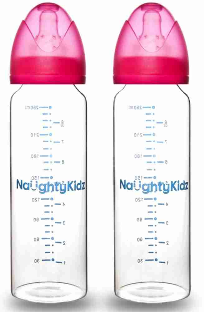 naughty kidz PREMIUM PACK OF 2 BOROSIL GLASS FEEDING BOTTLE WITH 4