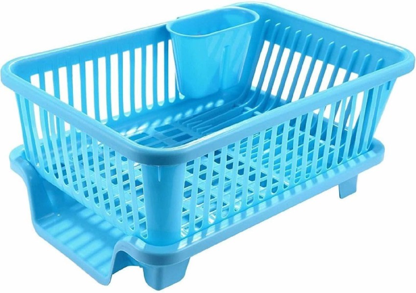 PrimeKitch Solimo Plastic Dish Drainer and Drying Rack for Kitchen Blue