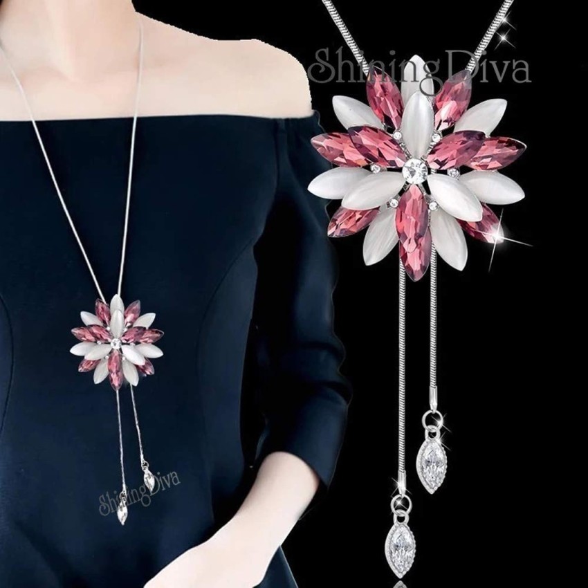 Long Necklaces & Pendants Silver Color Chain Imitated Pearl Jewelry 3  Flowers Maxi Necklace for Women Fashion Collier