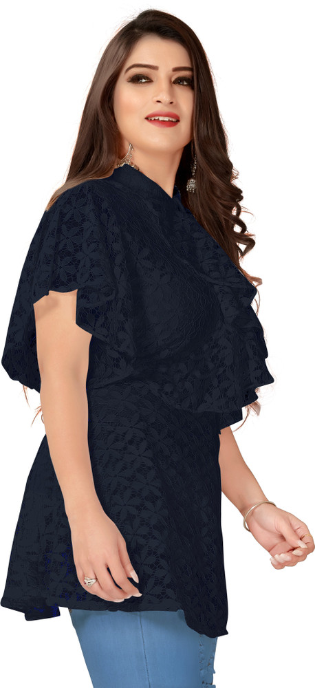 KK FASHION Casual Half Sleeve Self Design Lace Women Black Top